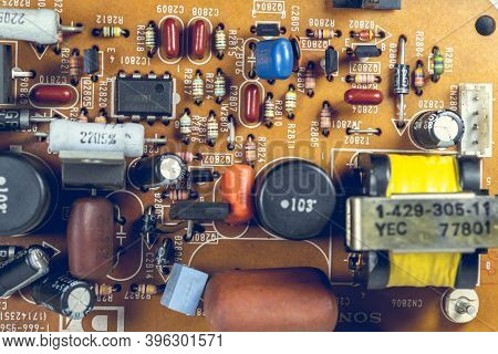 Atina,frosinone,lazio,italy-october 30,2020:electrical Components On Tv Circuit Board