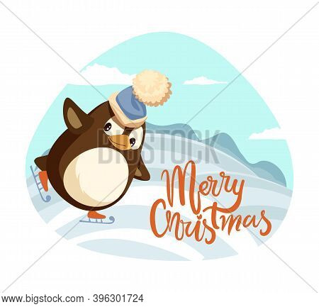 Merry Christmas Penguin Figure Skating Poster Vector. Fun Hobby Winter Holidays Celebration, Hills C