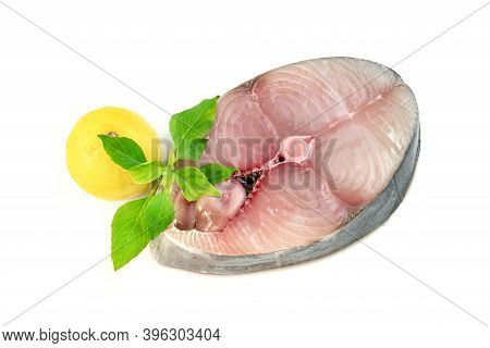 Spanish Mackerel Slice Or Spotted Mackerels With Lemon And With Lemon And  Leaf Basil Isolated On Wh