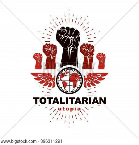 Winged Clenched Fists Of Angry People Vector Emblem. Power And Authority Conceptual Illustration, No