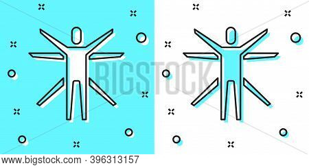 Black Line Vitruvian Man By Leonardo Da Vinci Icon Isolated On Green And White Background. Human Ana