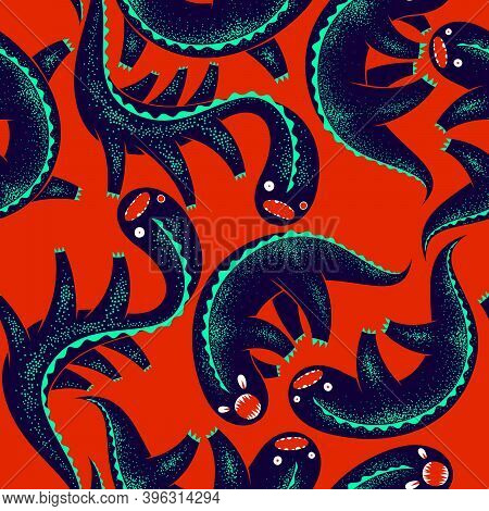 Scary Horror Monsters Seamless Vector Textile Pattern, Beasts Creatures Endless Wallpaper, Stylish B