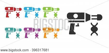 Black Transfer Liquid Gun In Biological Laborator Icon Isolated On White Background. Set Icons Color