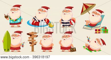 Summer Santa Claus In Shorts On Beach Vector Set. Cute Cartoon Character For Christmas Design Isolat
