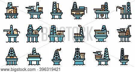 Sea Drilling Rig Icons Set. Outline Set Of Sea Drilling Rig Vector Icons Thin Line Color Flat On Whi