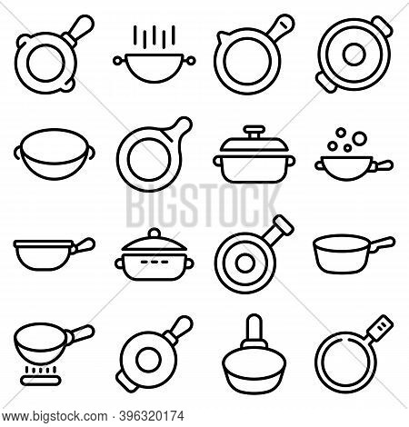 Wok Frying Pan Icons Set. Outline Set Of Wok Frying Pan Vector Icons For Web Design Isolated On Whit