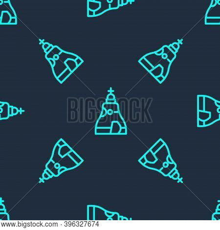 Green Line The Tsar Bell In Moscow Monument Icon Isolated Seamless Pattern On Blue Background. Vecto