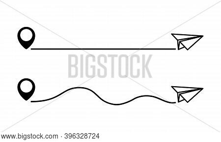 Paper Airplane With A Map Pin And Dotted Path. Airplane Path. Travel And Distance Concept. Plane And