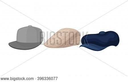 Baseball Cap And Flat Cap With Rounded Crown And Bill In Front Vector Set