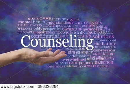 Words Associated With Counseling Word Cloud - Female Therapist With Open Palm And The Word Counselin