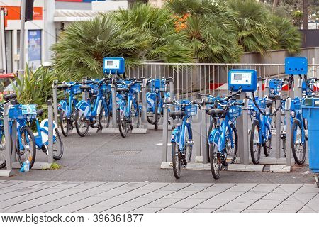 Nice, France - January 31, 2018: Blue Bicycles Rental Velo Bleu At Street In Nice, France.