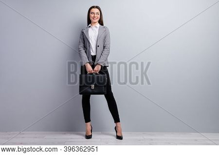 Full Body Photo Of Attractive Lady Smiling Worker Young Promoted Chief Look Interested Side Empty Sp