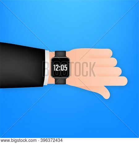 Smart Watch On The Hand. Concept Wearable Technology. Time Management. Vector Stock Illustration.