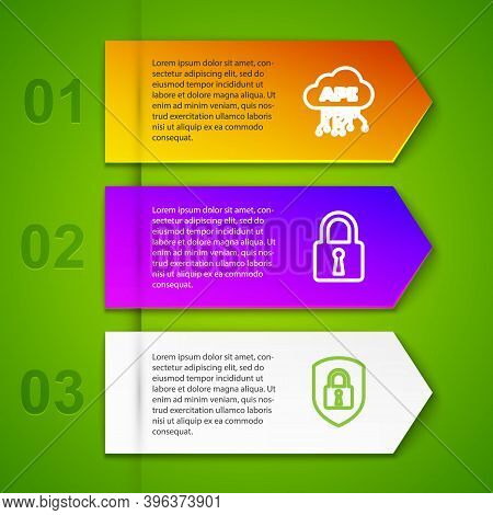 Set Line Cloud Api Interface, Lock, Shield Security With Lock And Retro Wall Watch. Business Infogra