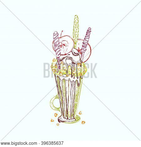 Monster Shake Dessert, Isolated Background. Hand Drawn Color Line Art, Sketch Style Chocolate, Donut