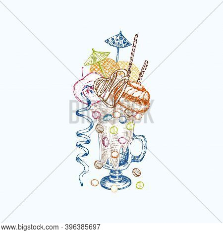 Monster Shake Dessert, Isolated Background. Hand Drawn Color Line Art, Sketch Style Chocolate, Donut