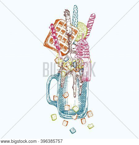 Monster Shake Dessert, Isolated Background. Hand Drawn Color Line Art, Sketch Style Chocolate, Donut