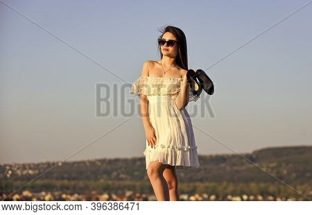 Summer Holidays. Girl In Sunglasses Copy Space. Towards Summer. Afterparty Concept. Woman Sunrise Ca