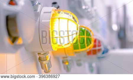 Close Up Of Alarm Lamp Signal Warning Flashing Lights For Industrial Machinery At Emergency, Support