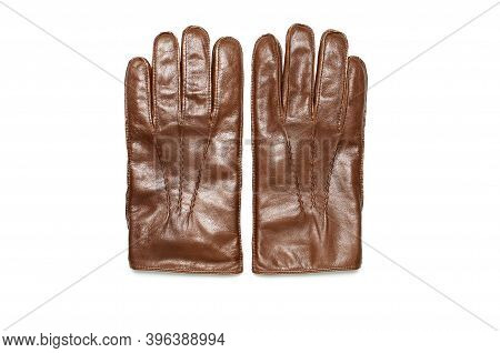 Brown Classic Leather Mens Gloves On White Isolated Background Top View. Stylish Fashionable Winter 