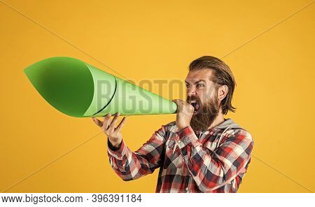 No Secrets. Hipster Screaming In The Megaphone Activist Speaks At Rally. Make It Heard. Oratory And 