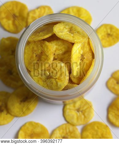 A Jar Full Of Dried Banana Chips A Delicacy Of South Indian States Healthy Sweet Snack, Crispy Dehyd