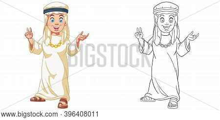 Coloring Page With Arabian Boy. Line Art Drawing For Kids Activity Coloring Book. Colorful Clip Art.