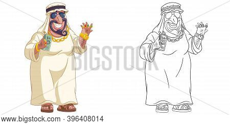 Coloring Page With Arabian Rich Man. Line Art Drawing For Kids Activity Coloring Book. Colorful Clip
