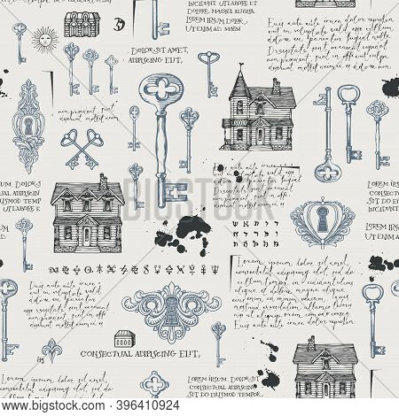 Abstract Seamless Pattern With Vintage Hand-drawn Keys, Keyholes And Old Houses In Retro Style. Vect