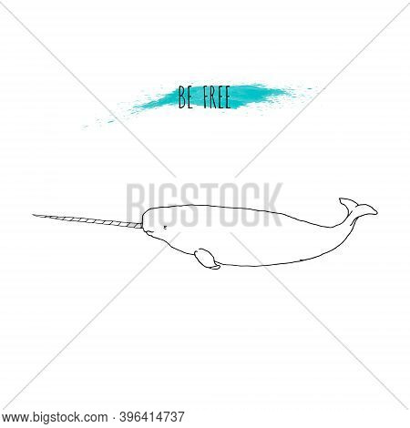 Narwal Simple Vector Illustration For Kids, Baby. Hand Drawn Sketch, Isolated On White Background Wi