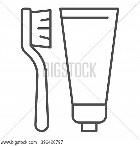 Toothpaste And Brush Thin Line Icon, Hygiene Routine Concept, Toothbrush And Paste Sign On White Bac