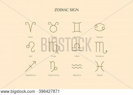 A Set Of 12 Zodiac Signs Icons In A Minimal Linear Style. Vector Collection Of Horoscope Symbols