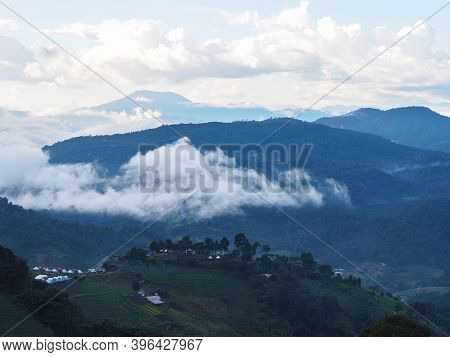 Landscape Of Mountain With Resort And Plantation Field In The Evening At Mon Jam, Chiang Mai, Thaila