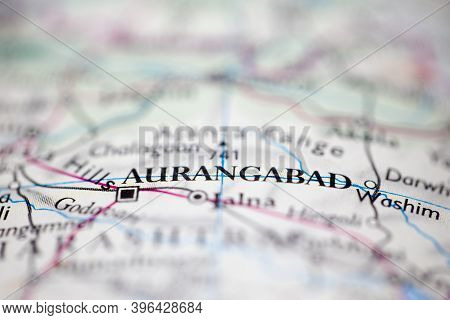 Shallow Depth Of Field Focus On Geographical Map Location Of Aurangabad India Asia Continent On Atla