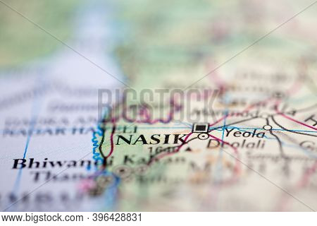 Shallow Depth Of Field Focus On Geographical Map Location Of Nasik India Asia Continent On Atlas