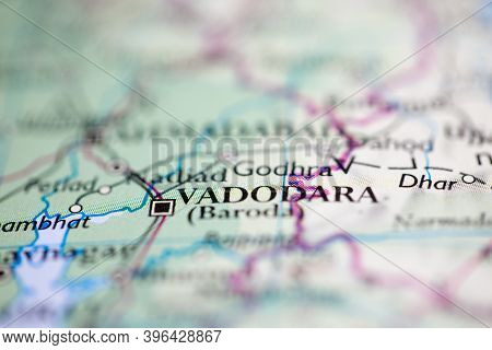 Shallow Depth Of Field Focus On Geographical Map Location Of Vododara Baroda India Asia Continent On