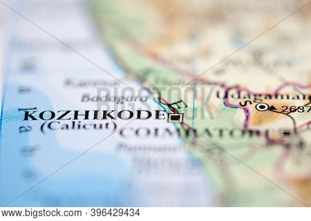 Shallow Depth Of Field Focus On Geographical Map Location Of Kozhikode Calicut India Asia Continent 