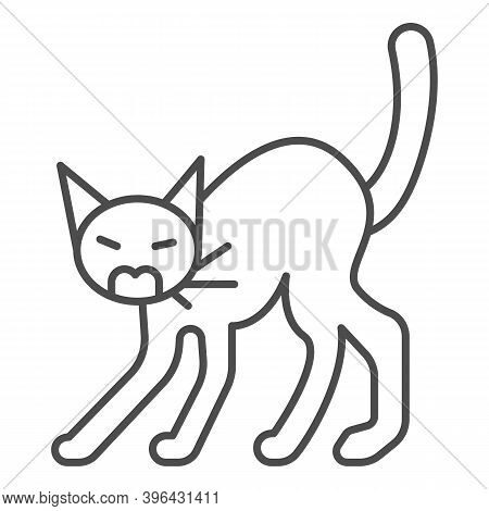 Angry Black Cat Thin Line Icon, Halloween Concept, Hissing Cat Sign On White Background, Scared Cat 