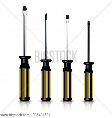 3d Realistic Set Of Screw Drivers In Different Sizes. Isolated On White Background.