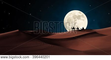 Three wise men riding on camels traveling in the desert. Biblical Magi concept.