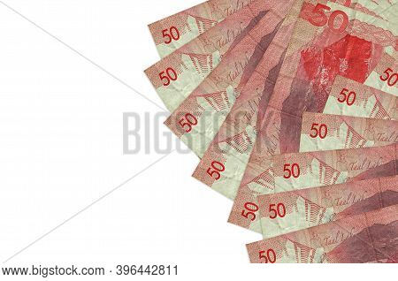 50 Philippine Piso Bills Lies Isolated On White Background With Copy Space. Rich Life Conceptual Bac