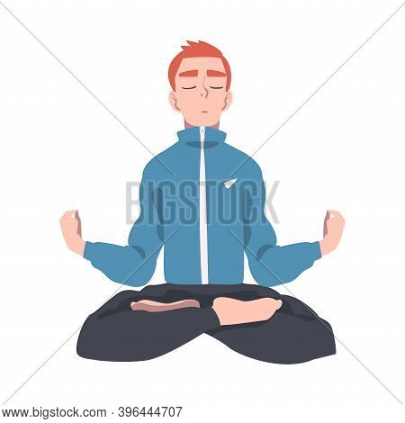 Meditative Male Engaged In Pranayama Practice Sitting In Lotus Position Vector Illustration