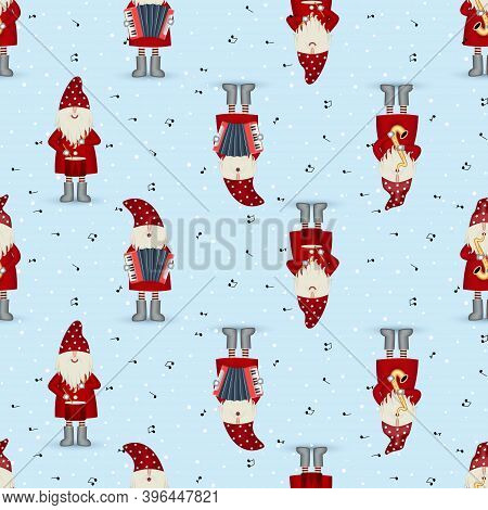 Seamless Symmetric Pattern Nisse Musician Santa Claus, Christmas Motive In Red Coat