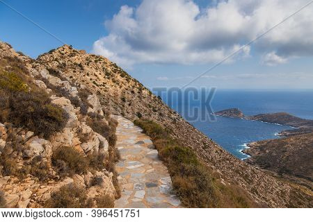 Stone Mountain Path To Palaiokastro, Ruins Byzantine Castle On The Top Of Hill. Ios Island, Greece.