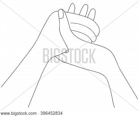 People Are Holding Hands. Prayer At The Dinner Table. Sketch. Vector Illustration. Outline On An Iso