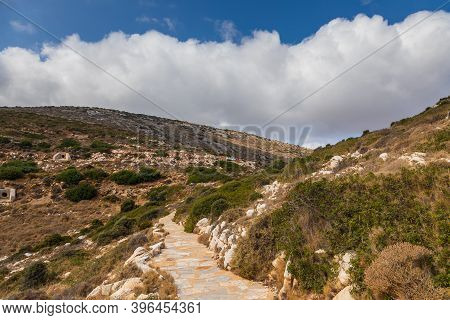 Stone Mountain Path To Palaiokastro, Ruins Byzantine Castle On The Top Of Hill. Ios Island, Greece.