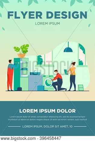 Handyman Working At Customer Home. Repair Man Fixing Washing Machine, Hammering Nails. Vector Illust