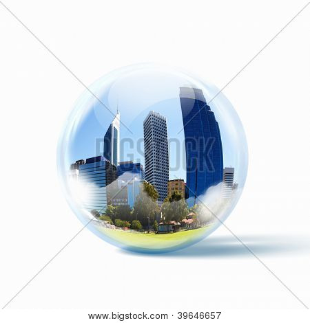 Immagine di un paesaggio urbano moderno all'interno di una sfera di vetro