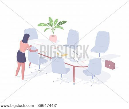 Woman Prepares Office For Business Meeting Isometric Illustration. Female Secretary Character Arrang