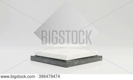 Rhombus Black And White Marble Pedestal Steps With Silver Frame Isolated On White Background. 3d Ren